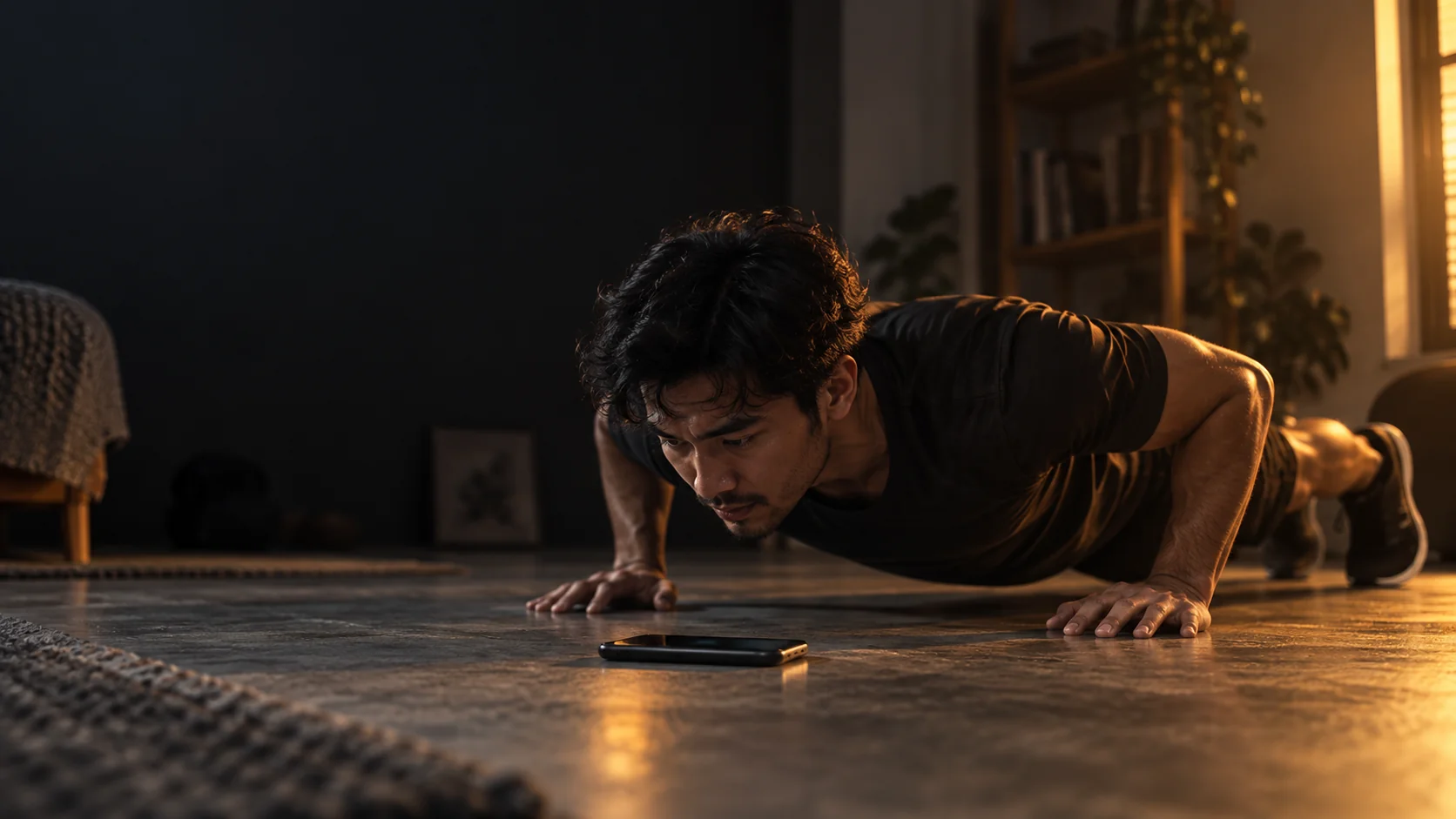 Seseorang melakukan push-up dengan HP di lantai untuk menghitung gerakan
